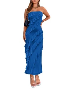 Vestito donna estivo elegante senza spalline midi increspato bodycon tinta unita elasticizzato... - Foto 1 di 7