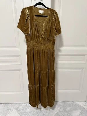 By Anthropologie OB 1443059 Somerset Tiered Maxi Dress In Velvet Gold Tan Large - Image 1 of 3