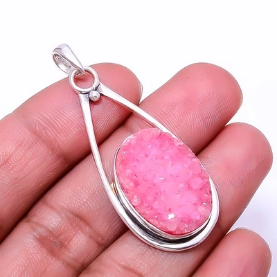 Pink Quartz Drusy - India Designer Handmade 925 Sterling Silver Pendant 1.95"P27 - Image 1 of 4