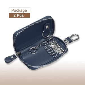2Pcs Genuine Leather Key Holder Bag Car Chain Wallet w 6 Hook Keyring Dark Blue - Picture 1 of 6