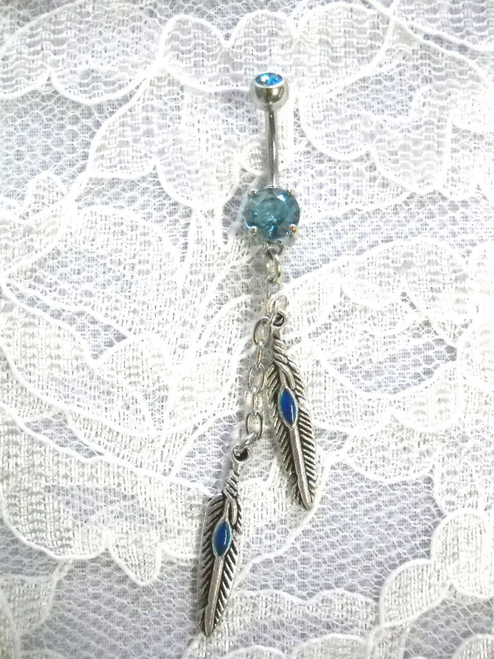 CUSTOM MADE DOUBLE DANGLING FEATHER w BLUE INLAY BABY BLUE CZ BELLY BUTTON RING - Image 1 of 1