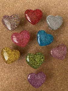 Set of 9 GLITTERY HEART bulletin board pushpins, thumbtacks, or magnets - Picture 1 of 9