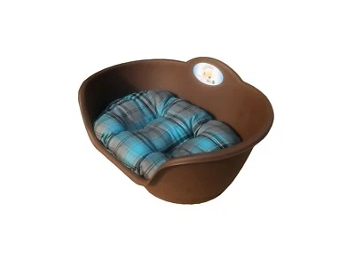 heavy duty brown pet bed with teal tartan cushion uk made dog or cat basket - image 1 of 4