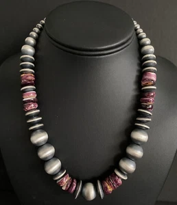Sterling Silver Graduated Purple Spiny Oyster W Pearls Saucer Bead Necklace. 18” - Picture 1 of 12