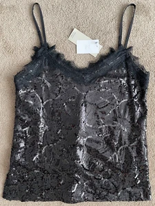 NWT NEXT STUNNING BLACK SEQUIN & LACE STRAPPY CAMI TOP WITH LINING - SIZE 12 - Picture 1 of 2