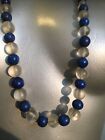 Art Deco WMF ? Glass Round Matt frosted bead necklace 30 Inch Blue Clear