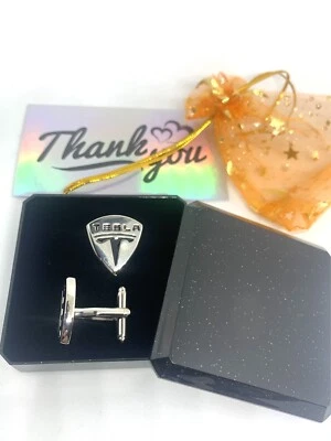 TESLA theme Car Cufflinks Titanium Plated Wedding  -IN A GIFT BOX- UK SELLER - Image 1 of 2