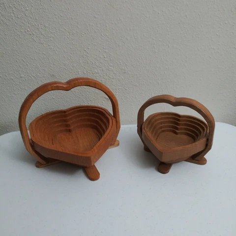 Pair Heart Shaped Baskets Bowls Collapsible Wooden Spiral Cut Hand Made Vintage Cover