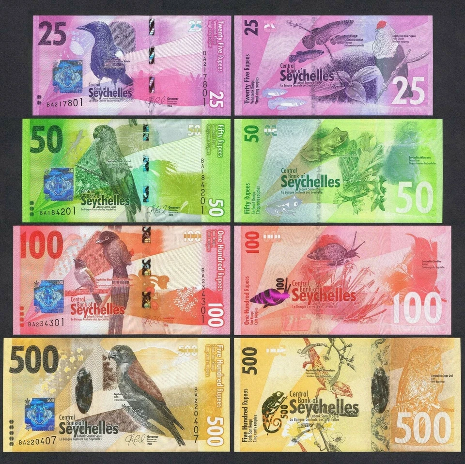 Juego de billetes SEYCHELLES: 25 50 100 500 RUPIAS P-48 49 50 51 SIN CIRCULAR + DISEÑO AVES Foto 1 de 1