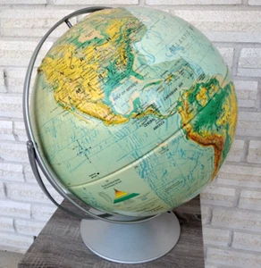 VTG 1982 NYSTROM Giant 16" Classroom Globe Sculptural Relief Metal Stand & Ring - Picture 1 of 23