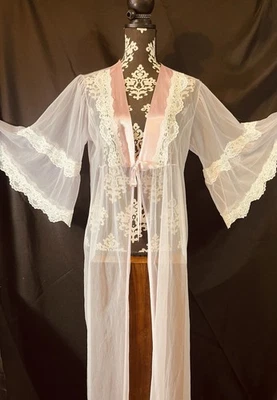 De Colección Nueva York Transparente Peignoir Rosa Satinado Ribete Gasa Encaje Mangas Campana S/M Foto 1 de 4