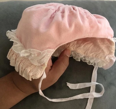 Vintage Cotton blend Baby Bonnet W/ Ties hat Victorian Pink Lace light pink - Image 1 of 4