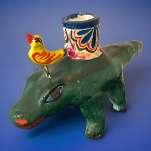 VTG Mexican Folk Art Pottery Crocodile Bird Tree of Life Candle Holder Loki - Picture 1 of 8