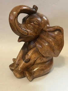 Vintage Segen Glück chinesischer Holz handgeschnitzt sitzender Elefant große Ohren - Bild 1 von 12