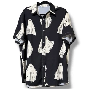 Halloween Shirt men’s size XL short sleeve button down black and cream ghosts - Picture 1 of 11