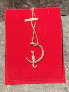 Kitten Cat on the Moon Silver Plated Pendant Chain Necklace  - Picture 1 of 1