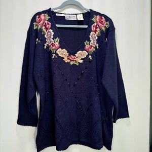 Vintage Jantzen Hand Embroidered Grannycore Floral Sweater Cottagecore Size 2X - Picture 1 of 10
