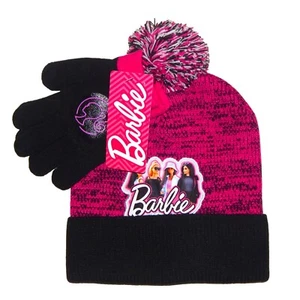 BARBIE MOVIE MATTEL Hot Pink Cuffed Hat Knit Beanie & Gloves Set w/ Pom NWT $25 - Picture 1 of 1