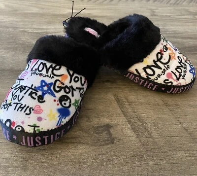 Justice ￼Girls Slip On Print Black/White Slippers Size 6  NWT - Image 1 of 3