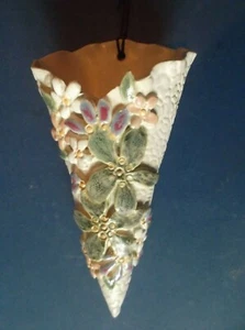 Stoneware Cornet Shaped Wall Pocket with flowers - Picture 1 of 4