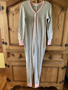 Junior’s Altar’d State Gray White Pink Striped Thermal One Piece Pajamas Size S