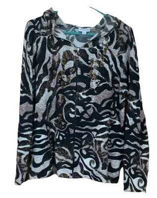 Sudadera Susan Graver Estampado Animal Cremallera Completa Tejido Capucha Adornada Talla L Para Mujer’s Foto 1 de 4