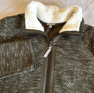 T by Talbots Women Quilted Jacket Olive Green Fall Sherpa Collar Zip Outdoor M - Picture 1 of 12