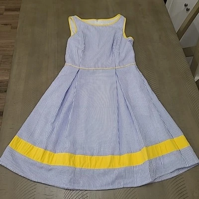 Vestido feminino Elle azul/branco listra de giz amarelo com zíper forrado nas costas fit&flare P - Imagem 1 de 4
