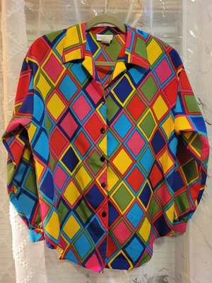 Blusa retro de mujer multicolor con estampado geométrico de diamantes con botones manga larga  Foto 1 de 4