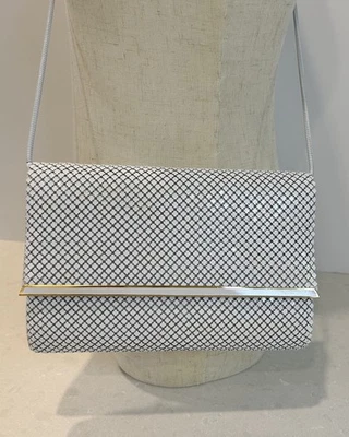 Vintage 80s White Metal Mesh Purse Shoulder Bag Gold Trim Evening Clutch Chain - Image 1 of 4