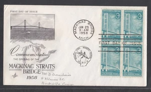 USA 1958 ARTCRAFT FIRST DAY COVER MACKINAC BRIDGE IN BLOCK OF 4 + CACHET - Picture 1 of 1