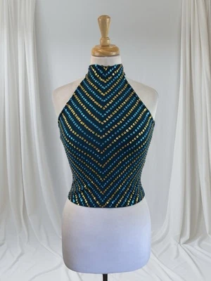 Винтажный 90-х бирюзовый синий бисером блестки укороченный Топ блузка фея прихоть гламур вечеринки S - Изображение 1 из 4