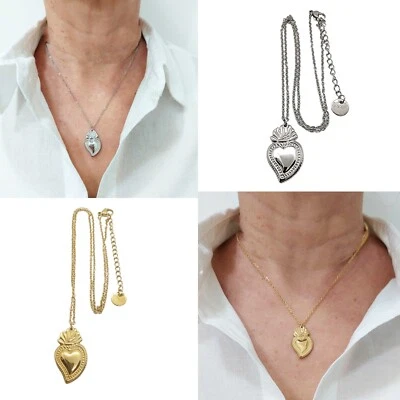 Collana Sacro Cuore in acciaio inox catenina con pendente ex voto argento e oro - Immagine 1 di 4