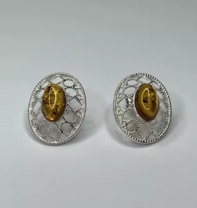 Genuine BALTIC AMBER Earrings with Sterling Silver COGNAC Color AMBER EARRINGS - Picture 1 of 7