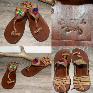 Jens Pirate Booty Wrap Gladiator Boho Sandals RARE Wood Leather 8 NEW - Picture 1 of 11