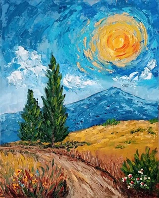 "Pintura al óleo impresionista sobre lienzo camino iluminado por el sol toscano 11x14"" campos dorados" Foto 1 de 4