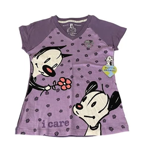 Mutts Organic Women's Earth Friendly V-Neck T-Shirt Cat & Dog Purple, Size S NWT - Picture 1 of 6