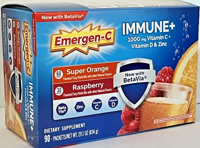 90 Emergen-C Immune + Plus SUPER ORANGE Raspberry Immune Support ZINC Vitamin D - Image 1 of 3