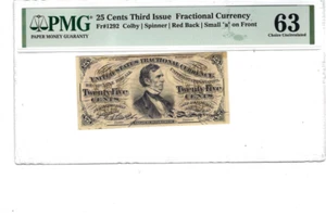 US 25c Fractional Currency Note Red Back Letter 'a' FR 1292 PMG 63 - Picture 1 of 2
