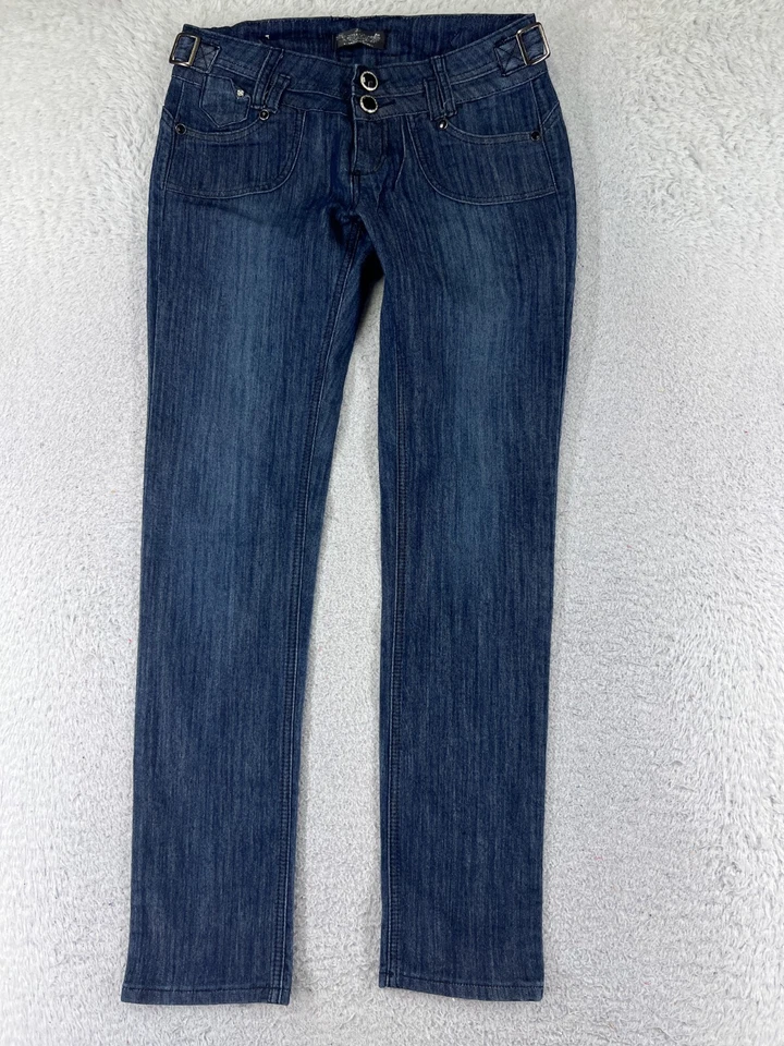Pantalones de mezclilla Clash para mujer 9 azules tiro bajo ajustados algodón oscuro brillante 29x30 Foto 1 de 4