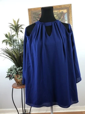 Blusa Landa By Dora feminina manga 3/4 buraco na fechadura pescoço azul Y2K boho Lagenlook - Imagem 1 de 4