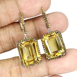 925 Sterling Silver Earrings Octagon Citrine 16x12mm Natural Gemstone Jewelry - Picture 1 of 14