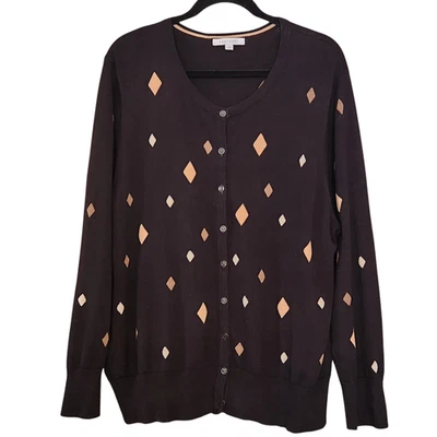 Cárdigan Suéter Foxcroft Negro con Formas de Diamante, Botón Delantero, Talla 1X Foto 1 de 4