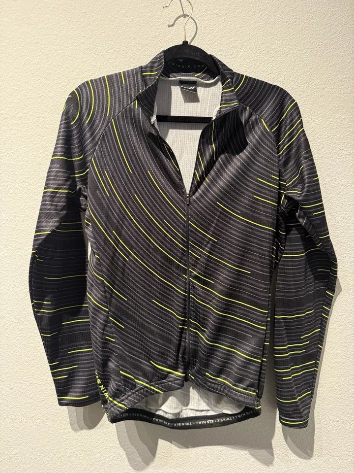 Twin Six Cycling Jersey Black & Neon Green Full Zip Long Sleeve Knit Size Medium - Image 1 of 4