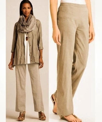 Eileen Fisher Linen Viscose Stretch Straight Leg Side Zip Trousers Pants 14P - Image 1 of 4