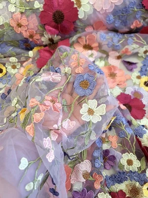 Lavender Mesh 3d Multicolor Embroidered Lace Fabric Sold By Yard Prom Dress  - Image 1 of 4