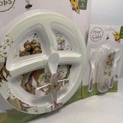 May Gibbs Divider Plate & Aeroplane Spoon Set + 2PC Travel Cutlery Set ~ Floral - image 1 of 4