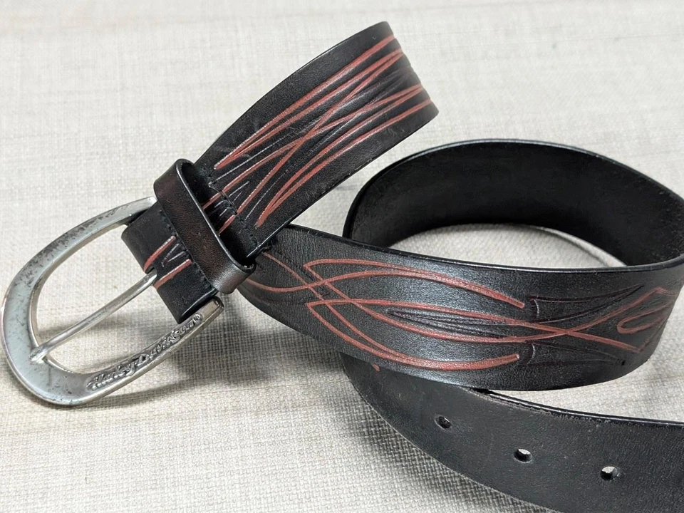 Винтажный кожаный ремень HARLEY DAVIDSON 32 черный ПЛАМЯ мотоцикла Y2K пряжка инструмент - Изображение 1 из 4