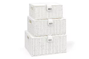 Set of 3 Resin Woven Storage Basket Box With Lid & Lock Grey, Large, Medium, Sma - Picture 1 of 23