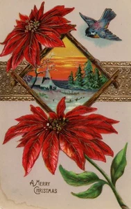 Church At Sunset Bird Flying Gold Christmas Poinsettia Postcard - Picture 1 of 2